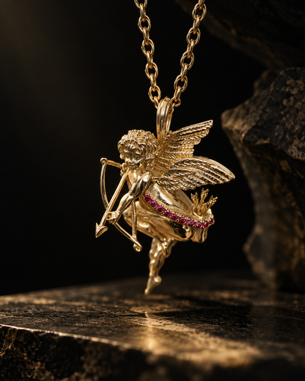 9k Yellow Gold Cherub Pendant, Set With Natural Rubies