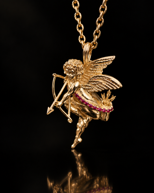 9k Yellow Gold Cherub Pendant, Set With Natural Rubies