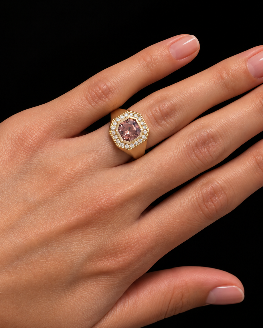 Octagonal Pink Zircon Signet Ring